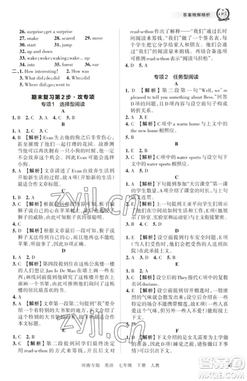 江西人民出版社2023王朝霞各地期末试卷精选七年级下册英语人教版河南专版参考答案