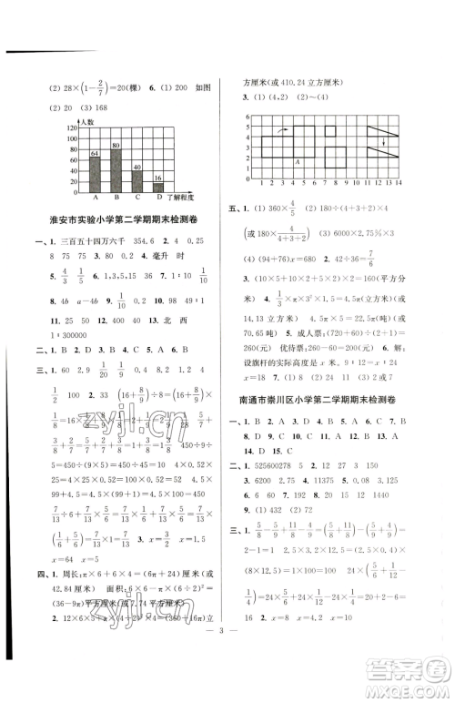 江苏凤凰美术出版社2023超能学典各地期末试卷精选六年级下册数学苏教版参考答案