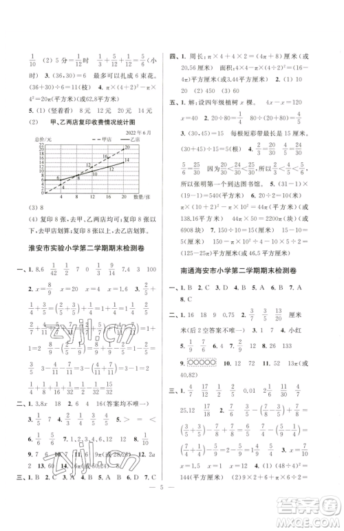 江苏凤凰美术出版社2023超能学典各地期末试卷精选五年级下册数学苏教版参考答案