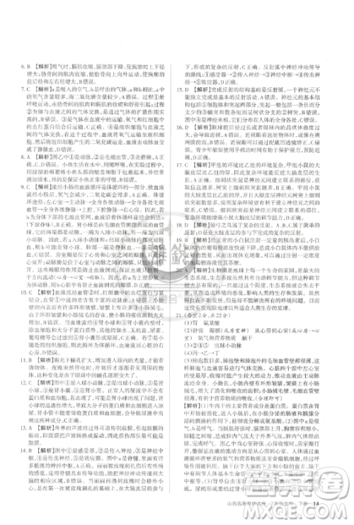 北京教育出版社2023山西名师原创试卷七年级下册生物人教版参考答案 北京教育出版社2023山西名师原创试卷七年级下册生物人教版参考答案