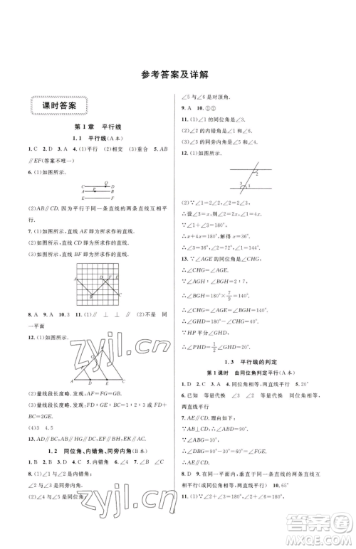 浙江教育出版社2023全优新同步七年级下册数学浙教版参考答案