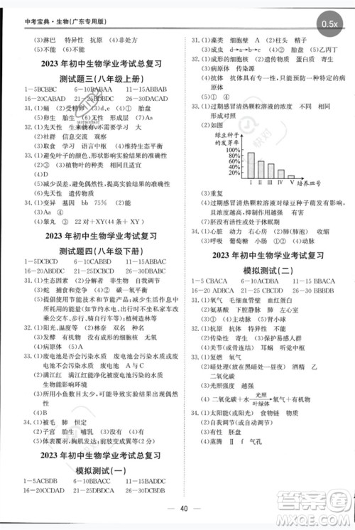 世界图书出版公司2023新课标中考宝典九年级生物通用版广东专版参考答案