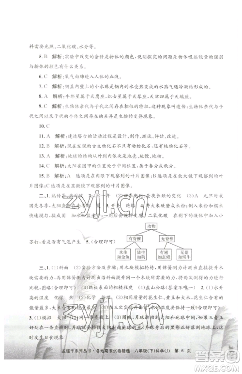 浙江工商大学出版社2023孟建平各地期末试卷精选六年级下册科学教科版参考答案