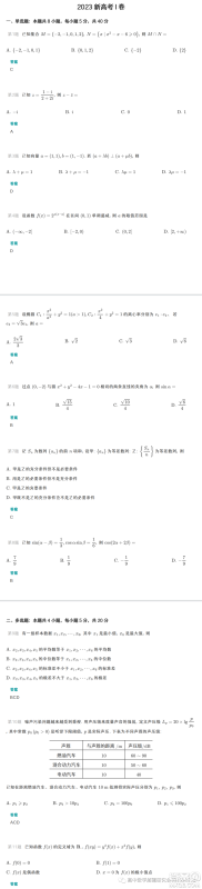 2023年高考新课标I卷数学试卷答案 2023年高考新课标I卷数学试卷答案
