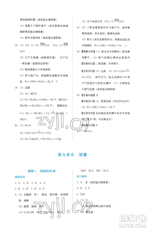 人民教育出版社2023人教金学典同步解析与测评九年级下册化学人教版山西专用参考答案