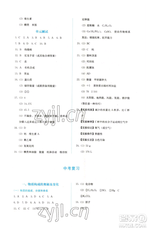 人民教育出版社2023人教金学典同步解析与测评九年级下册化学人教版山西专用参考答案