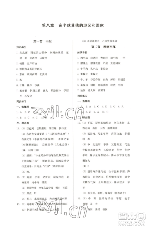 人民教育出版社2023人教金学典同步解析与测评七年级下册地理人教版参考答案