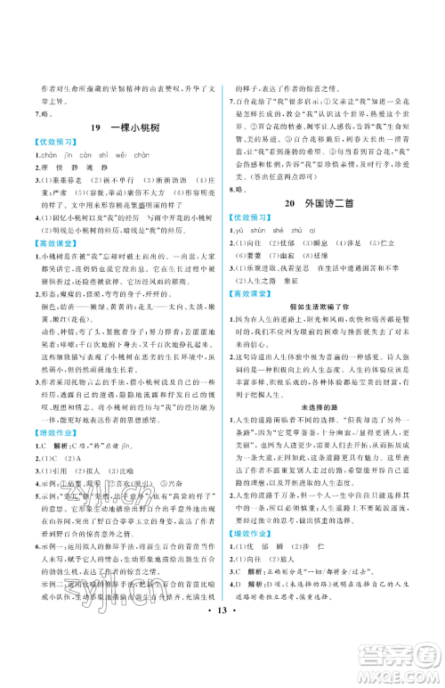 人民教育出版社2023人教金学典同步解析与测评七年级下册语文人教版重庆专版参考答案