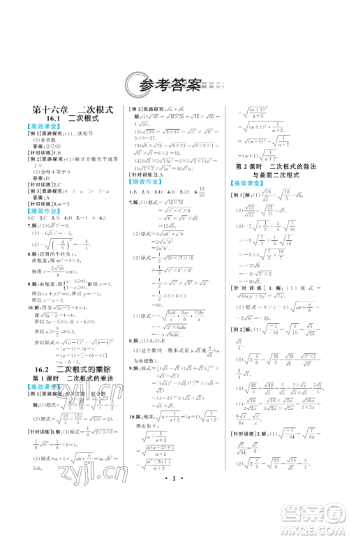 人民教育出版社2023人教金学典同步解析与测评八年级下册数学人教版重庆专版参考答案