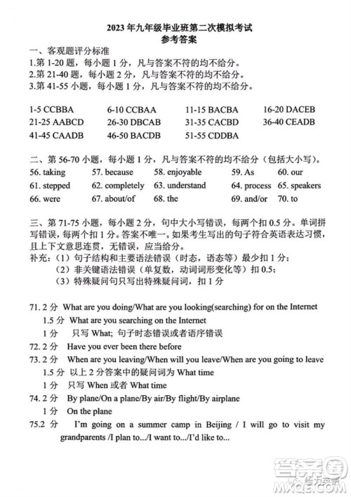 2023年开封市中考招生二模英语试题答案