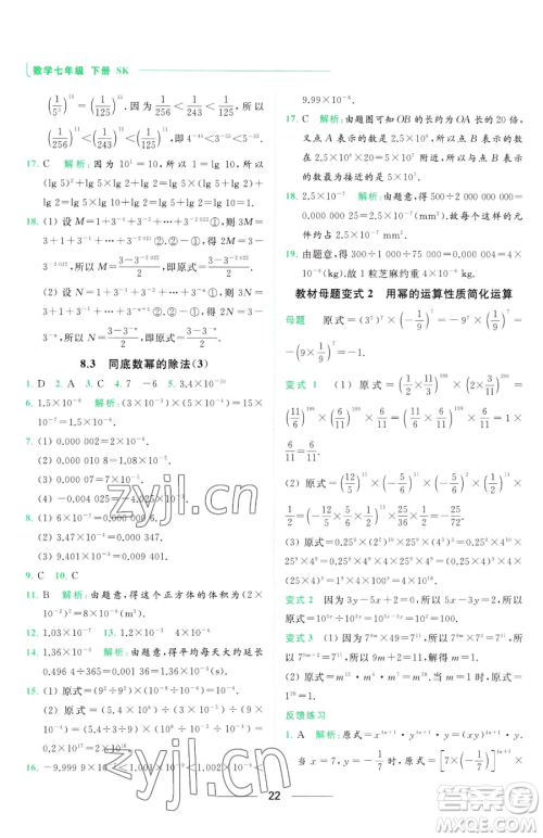 延边教育出版社2023亮点给力提优课时作业本七年级下册数学苏科版参考答案