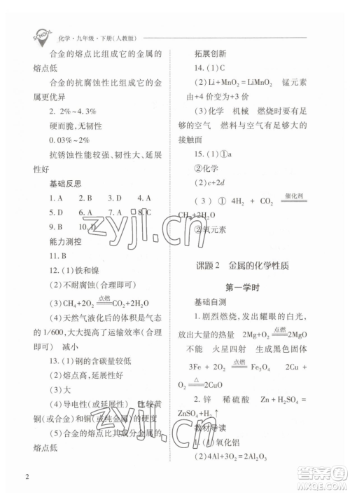 山西教育出版社2023新课程问题解决导学方案九年级下册化学人教版参考答案