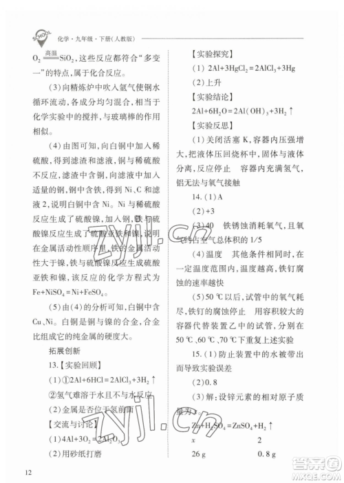 山西教育出版社2023新课程问题解决导学方案九年级下册化学人教版参考答案