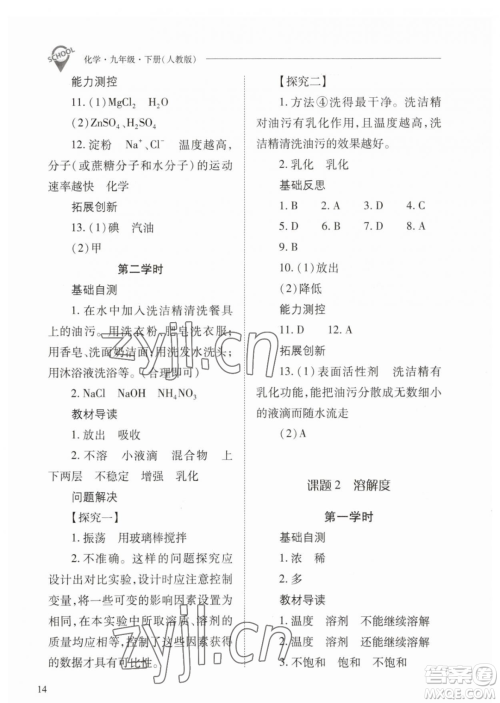 山西教育出版社2023新课程问题解决导学方案九年级下册化学人教版参考答案
