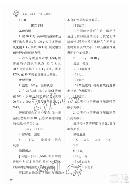 山西教育出版社2023新课程问题解决导学方案九年级下册化学人教版参考答案
