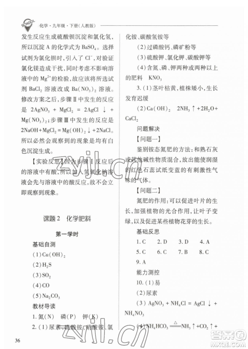 山西教育出版社2023新课程问题解决导学方案九年级下册化学人教版参考答案 山西教育出版社2023新课程问题解决导学方案九年级下册化学人教版参考答案