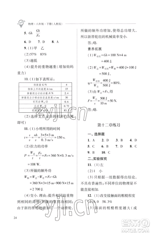 山西教育出版社2023新课程问题解决导学方案八年级下册物理人教版参考答案