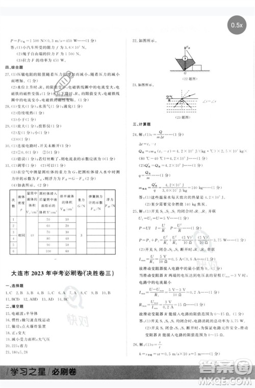 延边大学出版社2023年大连中考必刷卷九年级物理通用版参考答案