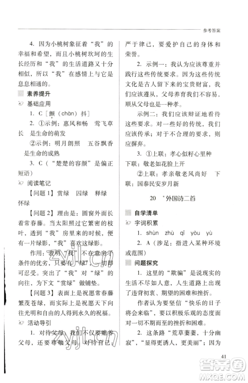 山西教育出版社2023新课程问题解决导学方案七年级下册语文人教版参考答案