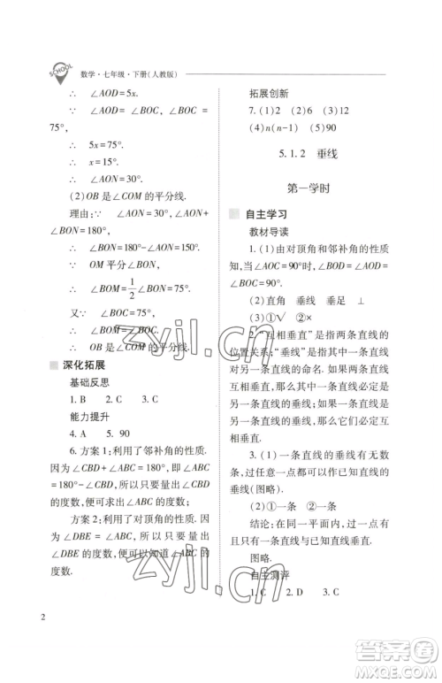 山西教育出版社2023新课程问题解决导学方案七年级下册数学人教版参考答案