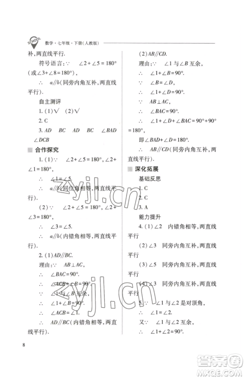 山西教育出版社2023新课程问题解决导学方案七年级下册数学人教版参考答案