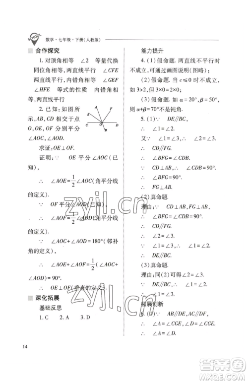 山西教育出版社2023新课程问题解决导学方案七年级下册数学人教版参考答案