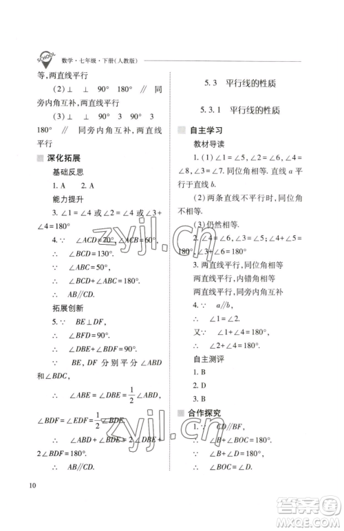 山西教育出版社2023新课程问题解决导学方案七年级下册数学人教版参考答案