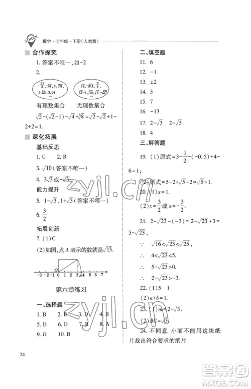 山西教育出版社2023新课程问题解决导学方案七年级下册数学人教版参考答案