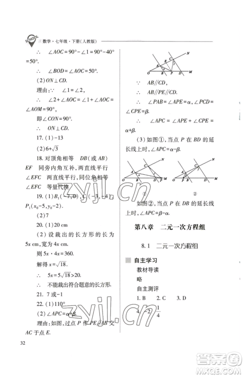 山西教育出版社2023新课程问题解决导学方案七年级下册数学人教版参考答案