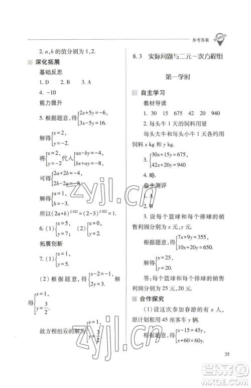 山西教育出版社2023新课程问题解决导学方案七年级下册数学人教版参考答案