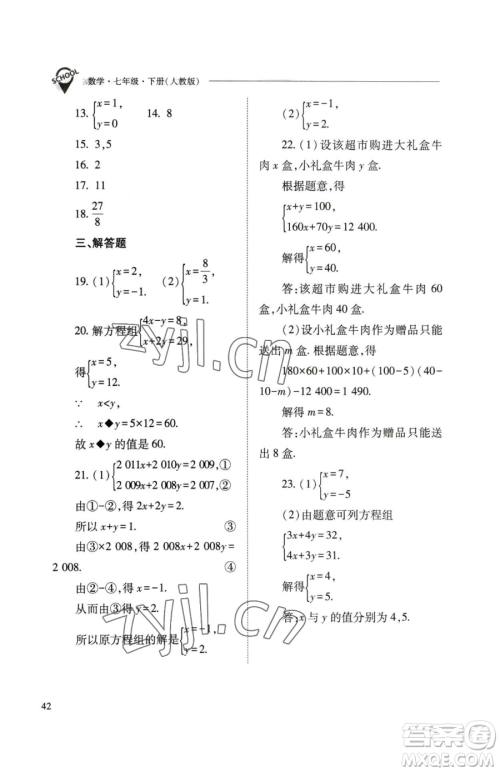 山西教育出版社2023新课程问题解决导学方案七年级下册数学人教版参考答案