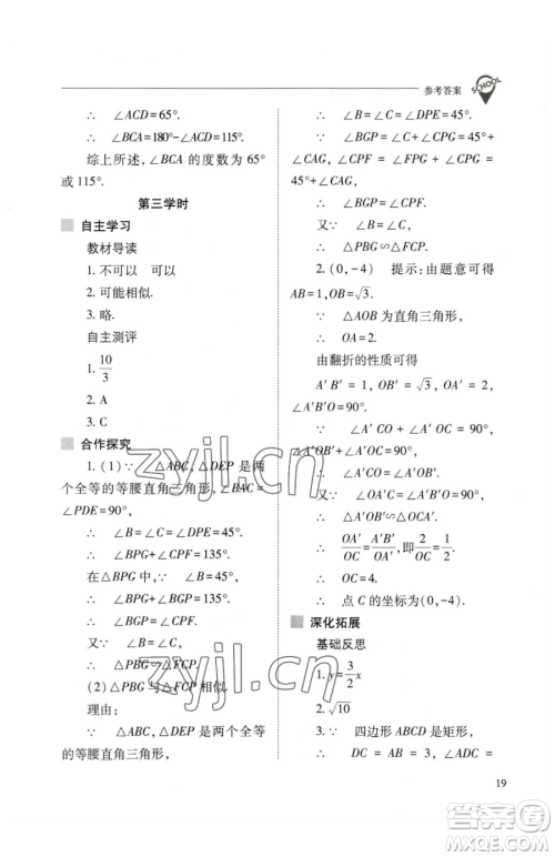 山西教育出版社2023新课程问题解决导学方案九年级下册数学人教版参考答案