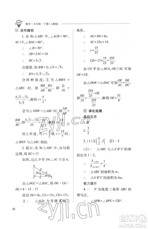 山西教育出版社2023新课程问题解决导学方案九年级下册数学人教版参考答案