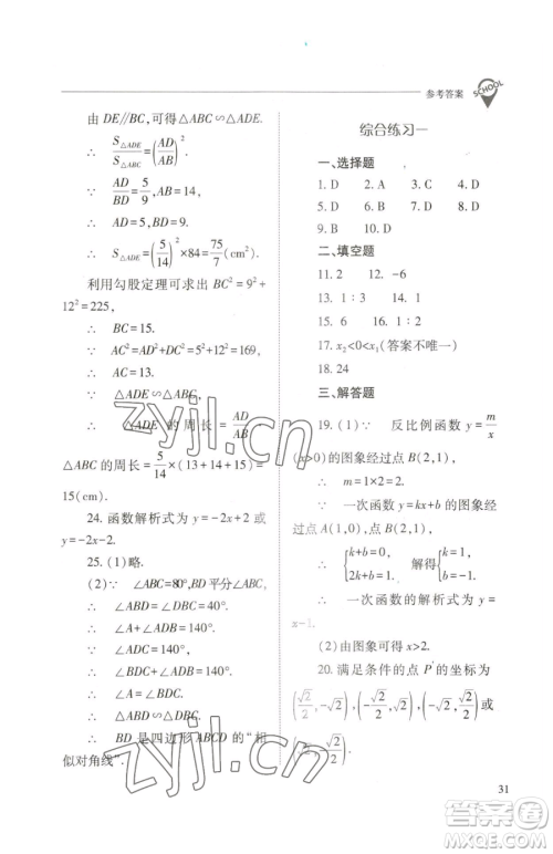 山西教育出版社2023新课程问题解决导学方案九年级下册数学人教版参考答案