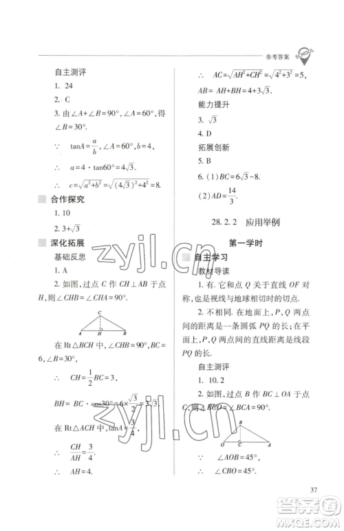 山西教育出版社2023新课程问题解决导学方案九年级下册数学人教版参考答案