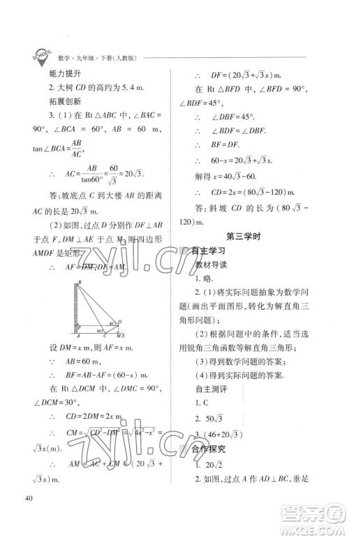 山西教育出版社2023新课程问题解决导学方案九年级下册数学人教版参考答案