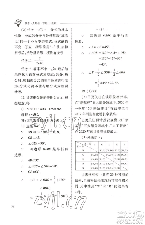 山西教育出版社2023新课程问题解决导学方案九年级下册数学人教版参考答案
