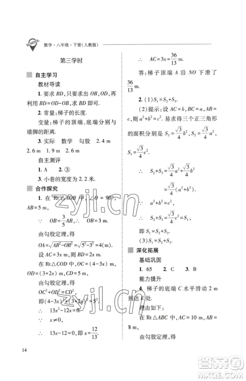 山西教育出版社2023新课程问题解决导学方案八年级下册数学人教版参考答案