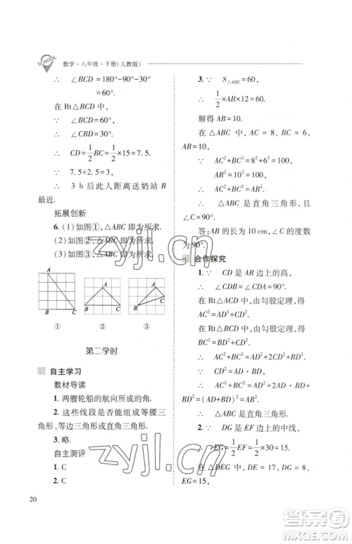 山西教育出版社2023新课程问题解决导学方案八年级下册数学人教版参考答案