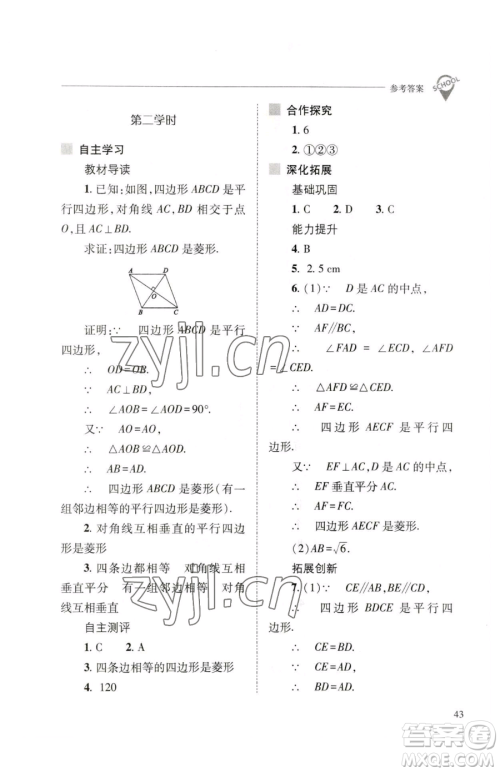 山西教育出版社2023新课程问题解决导学方案八年级下册数学人教版参考答案