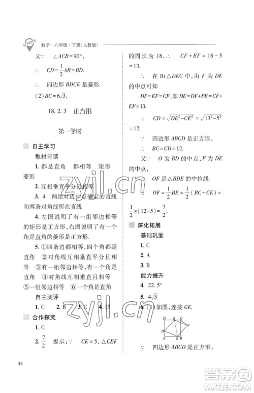 山西教育出版社2023新课程问题解决导学方案八年级下册数学人教版参考答案