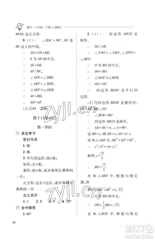 山西教育出版社2023新课程问题解决导学方案八年级下册数学人教版参考答案