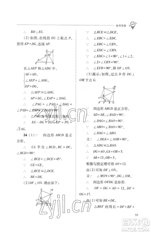 山西教育出版社2023新课程问题解决导学方案八年级下册数学人教版参考答案