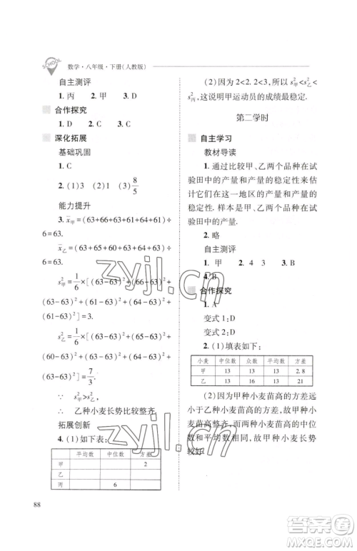 山西教育出版社2023新课程问题解决导学方案八年级下册数学人教版参考答案