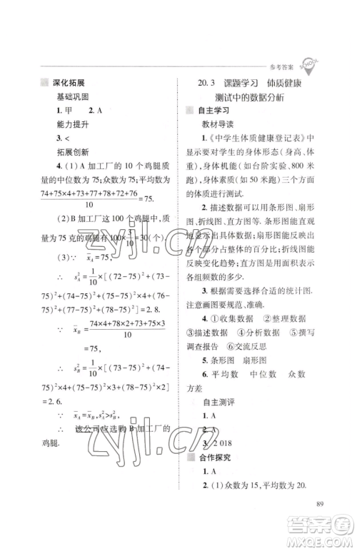山西教育出版社2023新课程问题解决导学方案八年级下册数学人教版参考答案