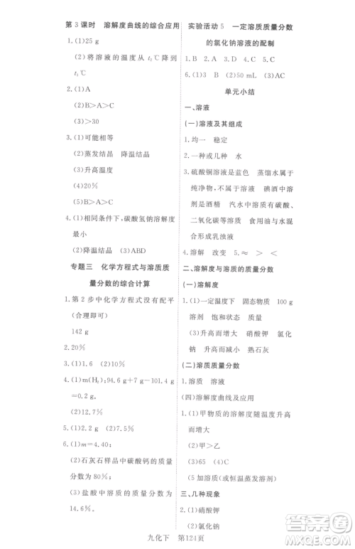 湖北科学技术出版社2023高效课堂导学案九年级下册化学人教版参考答案