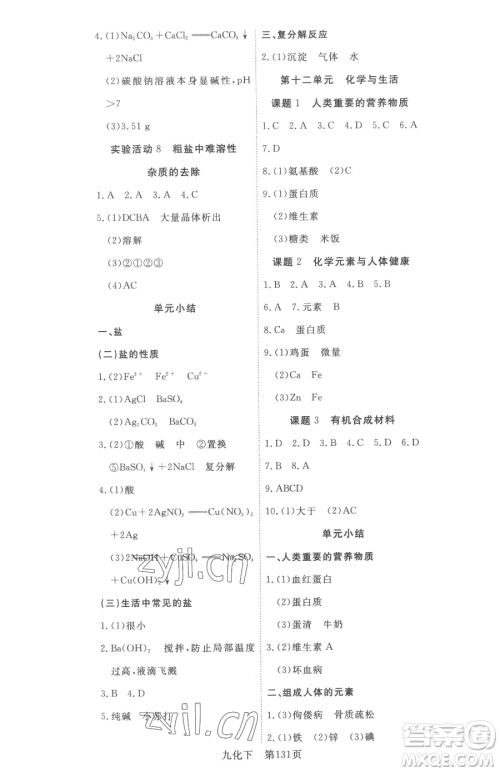湖北科学技术出版社2023高效课堂导学案九年级下册化学人教版参考答案 湖北科学技术出版社2023高效课堂导学案九年级下册化学人教版参考答案