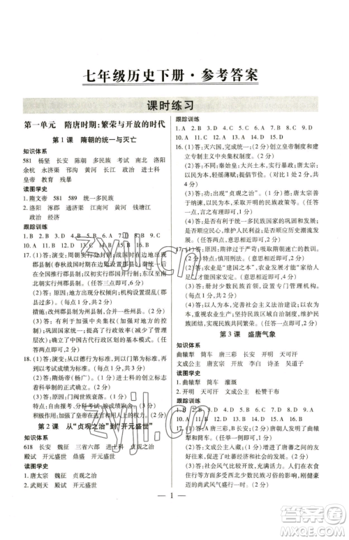 新世纪出版社2023考点跟踪同步训练七年级下册历史人教版参考答案