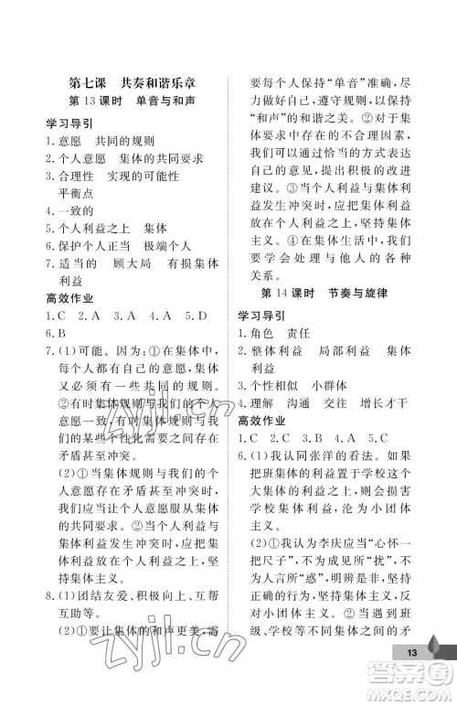 武汉大学出版社2023黄冈作业本七年级下册道德与法治人教版参考答案