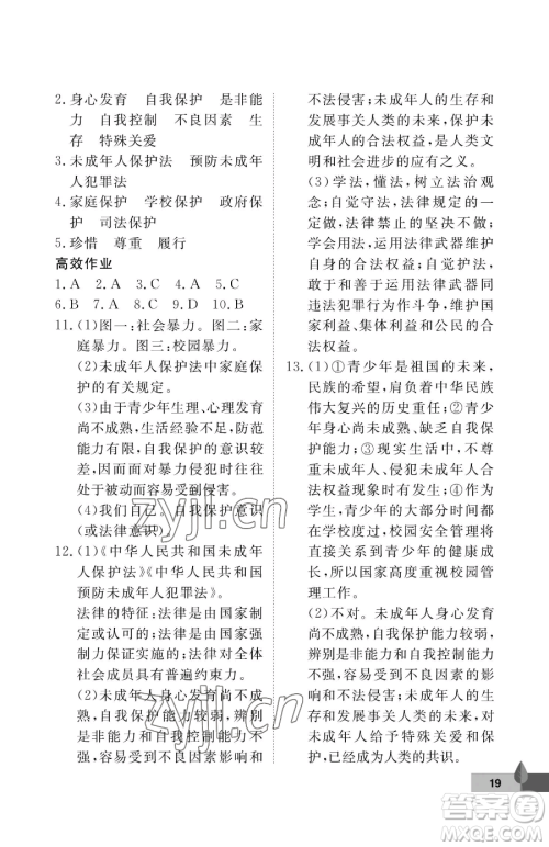 武汉大学出版社2023黄冈作业本七年级下册道德与法治人教版参考答案